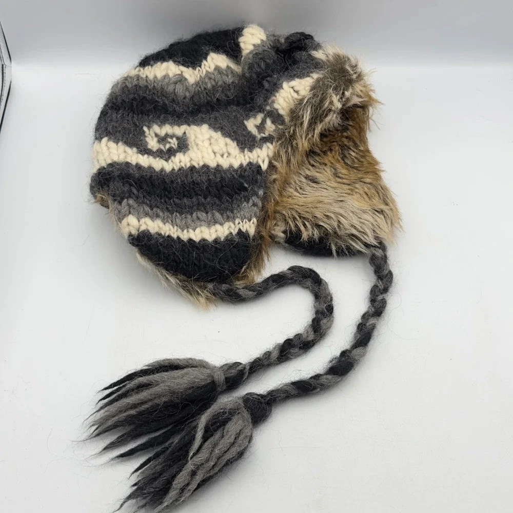 American Eagle Trapper Hat Gray Wool Alpaca Knit Faux Fur Y2K OS Winter Beanie